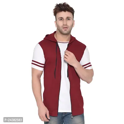 Stylish Maroon Cotton Blend Solid Short Sleeves Hoodies For Men