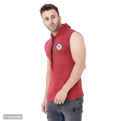 Stylish Maroon Cotton Blend Solid Sleeveless Hoodies For Men-thumb3