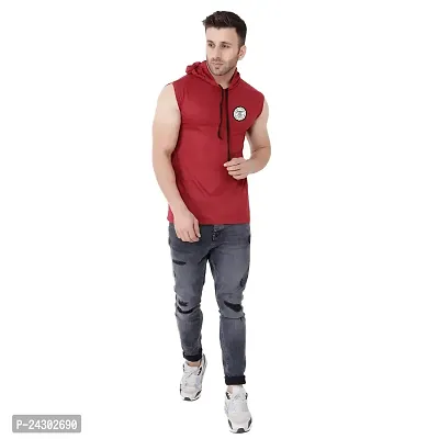 Stylish Maroon Cotton Blend Solid Sleeveless Hoodies For Men-thumb4