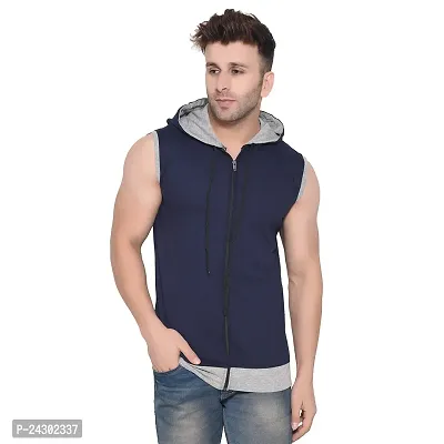 Stylish Navy Blue Cotton Blend Solid Sleeveless Hoodies For Men