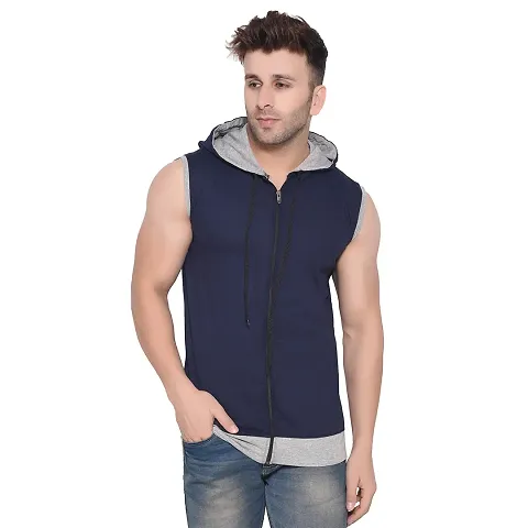 Stylish Blend Solid Sleeveless Hoodies For Men