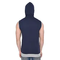 Stylish Navy Blue Cotton Blend Solid Sleeveless Hoodies For Men-thumb1