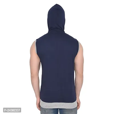 Stylish Navy Blue Cotton Blend Solid Sleeveless Hoodies For Men-thumb2