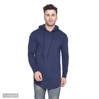 Stylish Navy Blue Cotton Blend Solid Long Sleeves Hoodies For Men