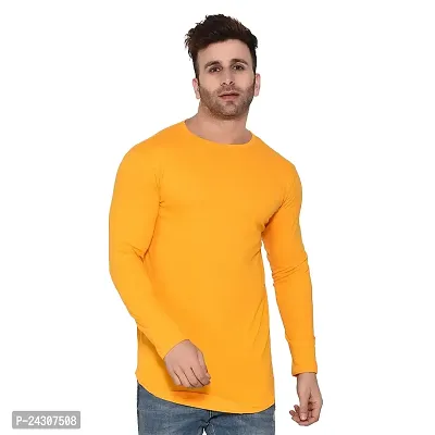 Stylish Yellow Cotton Blend Long Sleeves Solid T-Shirt For Men