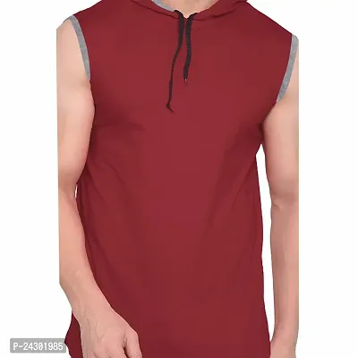 Stylish Maroon Cotton Blend Solid Sleeveless Hoodies For Men-thumb4