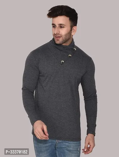 Reliable Grey Cotton Blend Solid High Neck Tshirt For Men