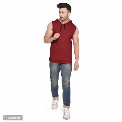 Stylish Maroon Cotton Blend Solid Sleeveless Hoodies For Men-thumb5