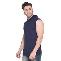 Stylish Navy Blue Cotton Blend Solid Sleeveless Hoodies For Men-thumb2