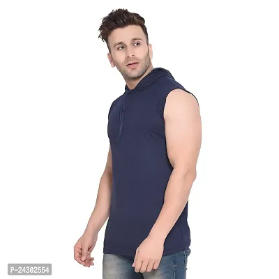 Stylish Navy Blue Cotton Blend Solid Sleeveless Hoodies For Men-thumb3