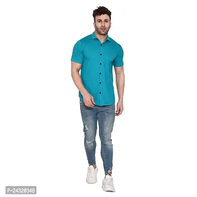 Stylish Turquoise Cotton Blend Short Sleeves Regular Fit Casual Shirt For Men-thumb5