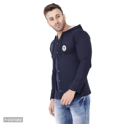 Trendy Navy Blue Cotton Blend Solid Hoodies For Men-thumb3