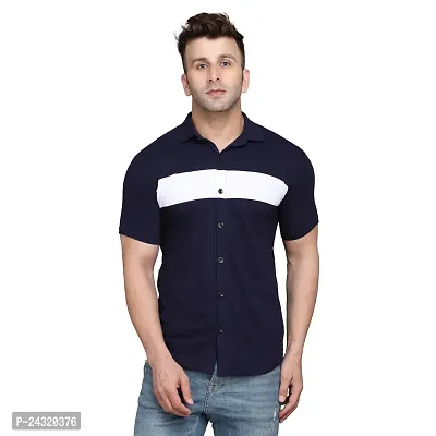 Stylish Navy Blue Cotton Blend Short Sleeves Regular Fit Casual Shirt For Men-thumb0