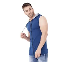 Stylish Blue Cotton Blend Solid Sleeveless Hoodies For Men-thumb2