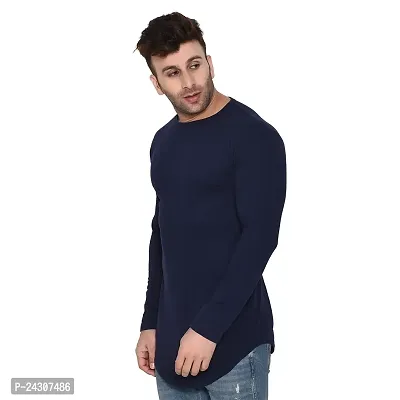 Stylish Navy Blue Cotton Blend Long Sleeves Solid T-Shirt For Men-thumb3