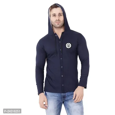 Trendy Navy Blue Cotton Blend Solid Hoodies For Men