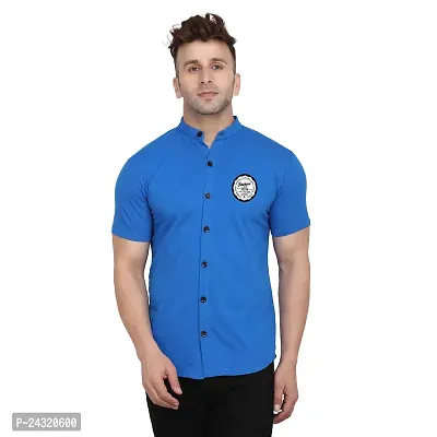 Stylish Blue Cotton Blend Short Sleeves Regular Fit Casual Shirt For Men-thumb0