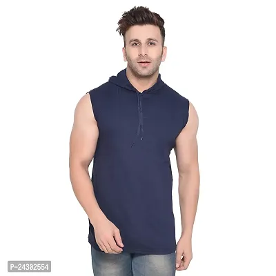 Stylish Navy Blue Cotton Blend Solid Sleeveless Hoodies For Men-thumb0