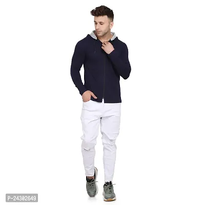 Stylish Navy Blue Cotton Blend Solid Long Sleeves Hoodies For Men-thumb4