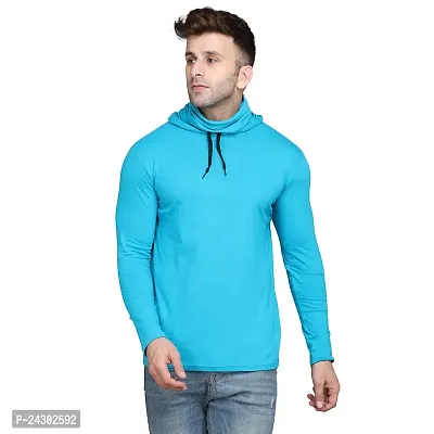 Stylish Turquoise Cotton Blend Solid Long Sleeves Hoodies For Men