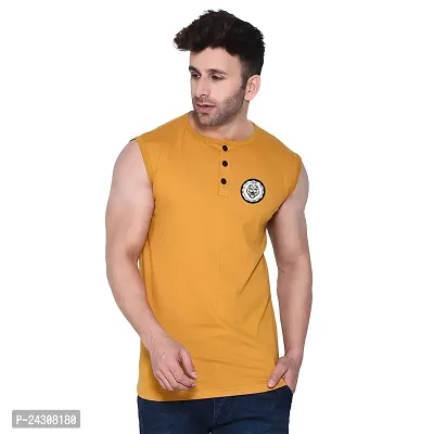 Stylish Golden Cotton Blend Sleeveless Solid T-Shirt For Men