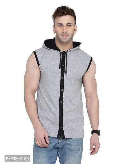 Stylish Silver Cotton Blend Solid Sleeveless Hoodies For Men-thumb0