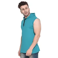 Stylish Turquoise Cotton Blend Solid Sleeveless Hoodies For Men-thumb2