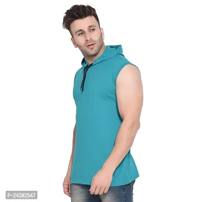 Stylish Turquoise Cotton Blend Solid Sleeveless Hoodies For Men-thumb3