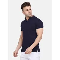 Stylish Navy Blue Cotton Blend Short Sleeves Solid T-Shirt For Men-thumb2