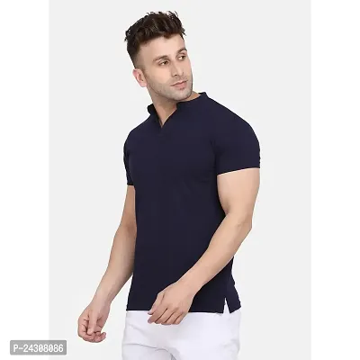 Stylish Navy Blue Cotton Blend Short Sleeves Solid T-Shirt For Men-thumb3