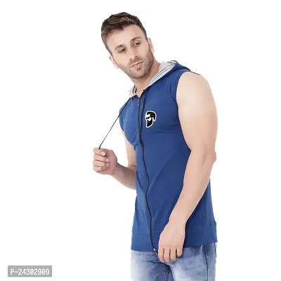 Stylish Blue Cotton Blend Solid Sleeveless Hoodies For Men-thumb3