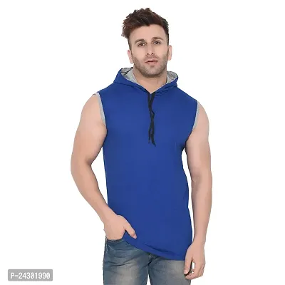 Stylish Blue Cotton Blend Solid Sleeveless Hoodies For Men