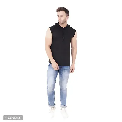 Stylish Black Cotton Blend Solid Sleeveless Hoodies For Men-thumb4