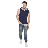 Stylish Navy Blue Cotton Blend Solid Sleeveless Hoodies For Men-thumb3