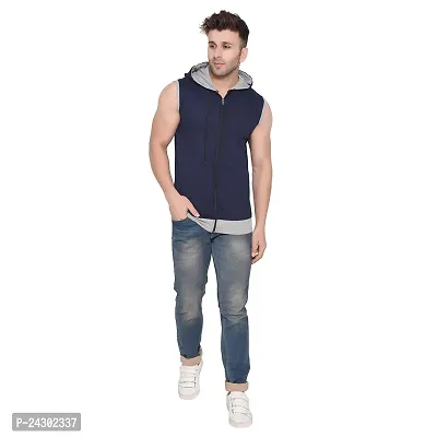 Stylish Navy Blue Cotton Blend Solid Sleeveless Hoodies For Men-thumb4