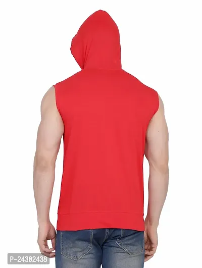 Stylish Red Cotton Blend Solid Sleeveless Hoodies For Men-thumb2