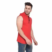 Stylish Red Cotton Blend Solid Sleeveless Hoodies For Men-thumb4