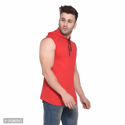 Stylish Red Cotton Blend Solid Sleeveless Hoodies For Men-thumb5