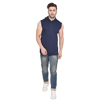 Stylish Navy Blue Cotton Blend Solid Sleeveless Hoodies For Men-thumb4