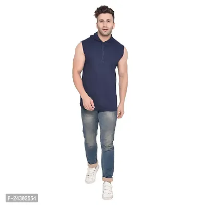 Stylish Navy Blue Cotton Blend Solid Sleeveless Hoodies For Men-thumb5