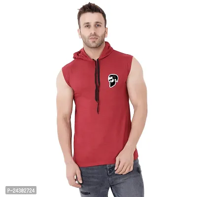 Stylish Maroon Cotton Blend Solid Sleeveless Hoodies For Men