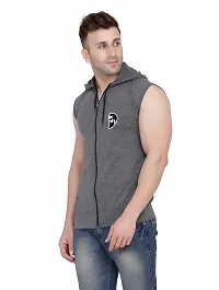 Stylish Grey Cotton Blend Solid Sleeveless Hoodies For Men-thumb2