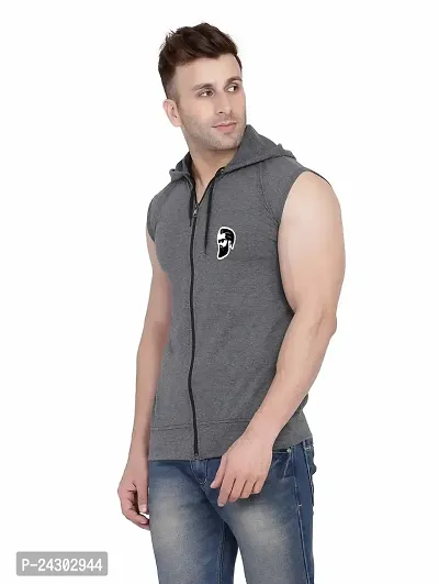 Stylish Grey Cotton Blend Solid Sleeveless Hoodies For Men-thumb3