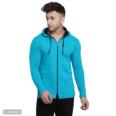 Stylish Turquoise Cotton Blend Solid Long Sleeves Hoodies For Men-thumb0