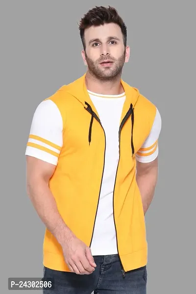 Stylish Yellow Cotton Blend Solid Short Sleeves Hoodies For Men
