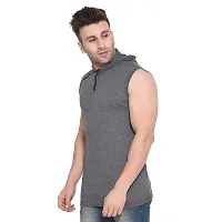 Stylish Grey Cotton Blend Solid Sleeveless Hoodies For Men-thumb2