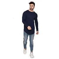 Stylish Navy Blue Cotton Blend Long Sleeves Solid T-Shirt For Men-thumb3