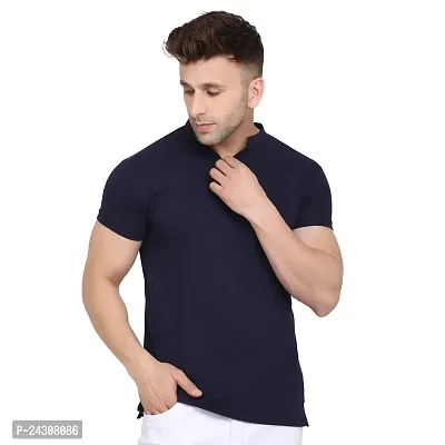 Stylish Navy Blue Cotton Blend Short Sleeves Solid T-Shirt For Men