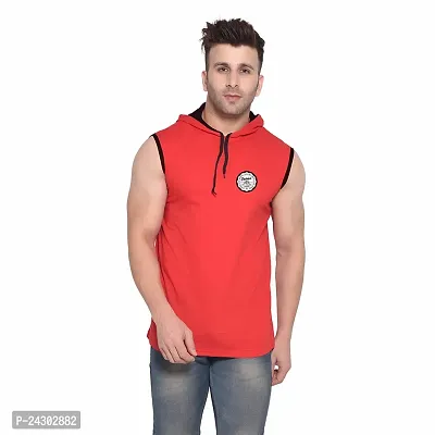 Stylish Red Cotton Blend Solid Sleeveless Hoodies For Men-thumb0