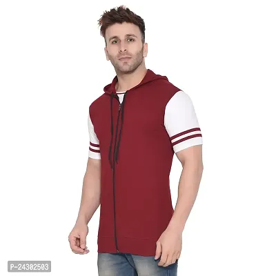 Stylish Maroon Cotton Blend Solid Short Sleeves Hoodies For Men-thumb3